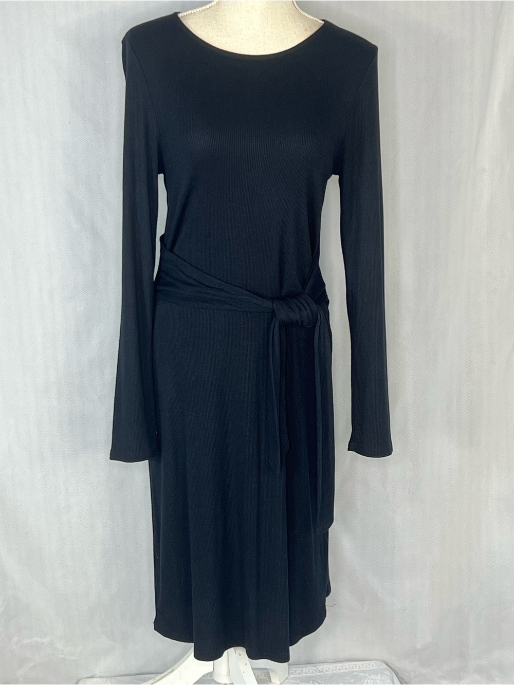 Spense Dress Midi Black Ribbed Long Sleeves Side Tie at Waist Flattering M 👍